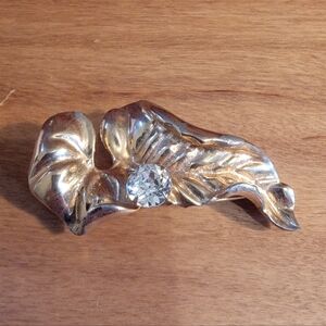 Vintage Michael Paul Gold Tone Metal Leaf And Crystal Brooch Or Pendant